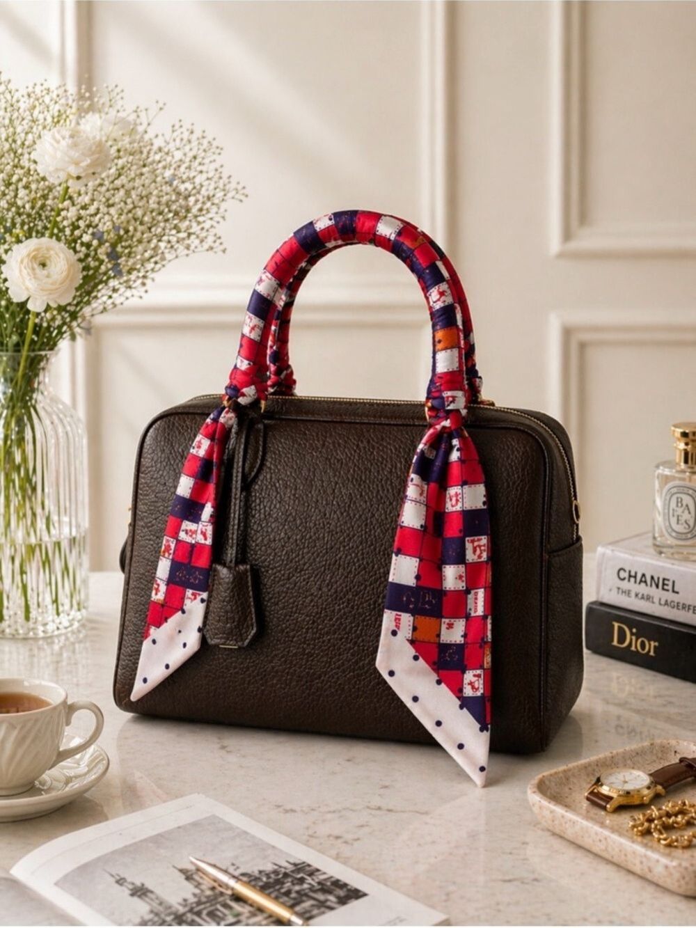 PINK & RED SQUARE PARIS PRINT SKINNY SCARF STYLE BAG HANDLE WRAP HAIR NECK TIE